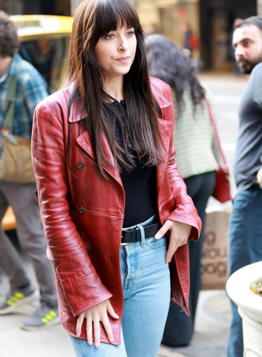 Madam Web Dakota Johnson Maroon Leather Coat