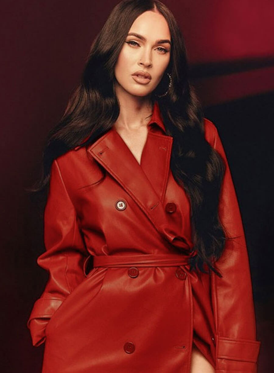 Megan Fox Leather Red Long Coat