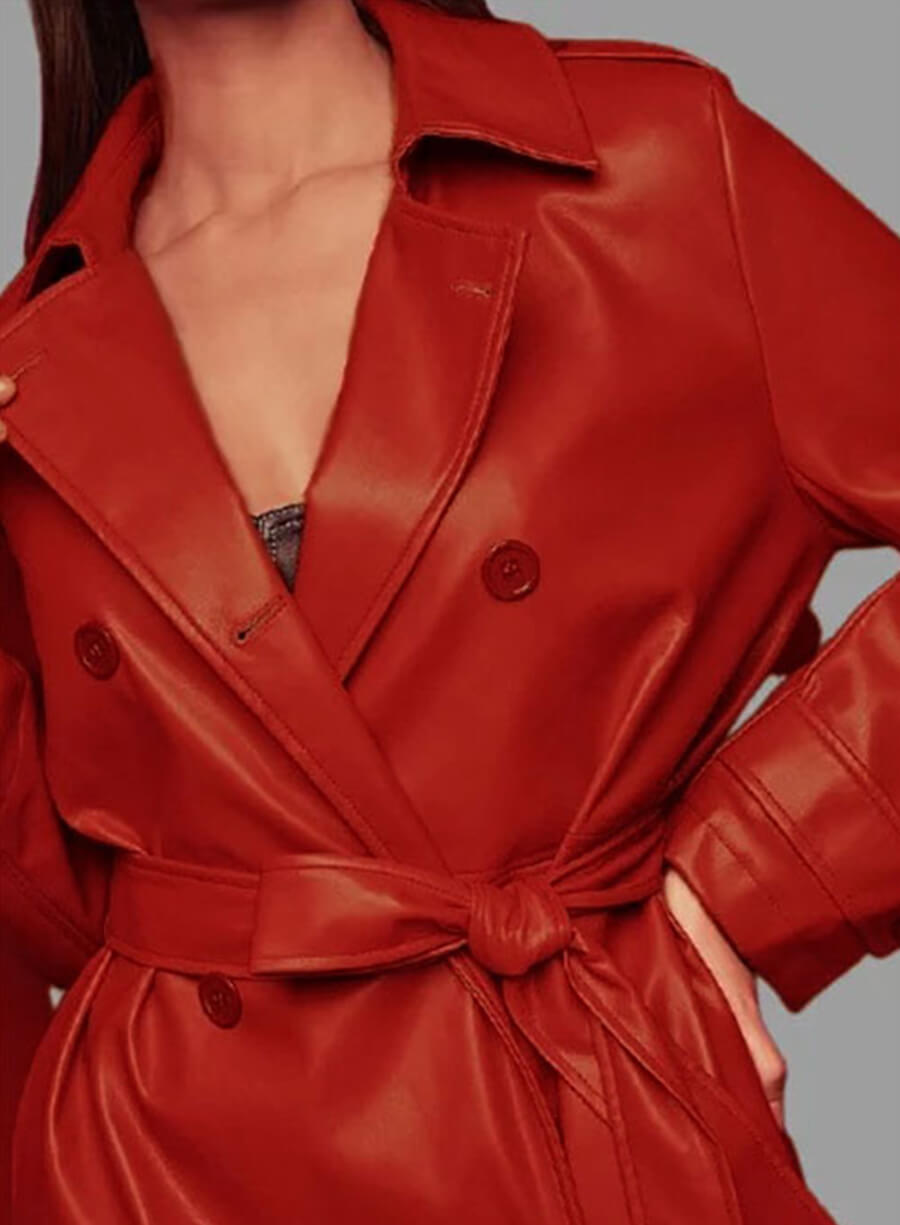 Megan Fox Leather Red Long Coat