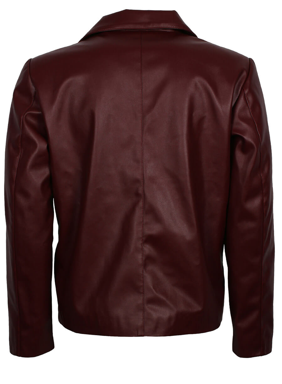 Men Maroon Buttoned Leather Jacket