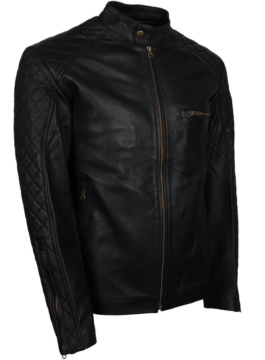 Men Quilted Sleeves Black Fashion Leather Jacket