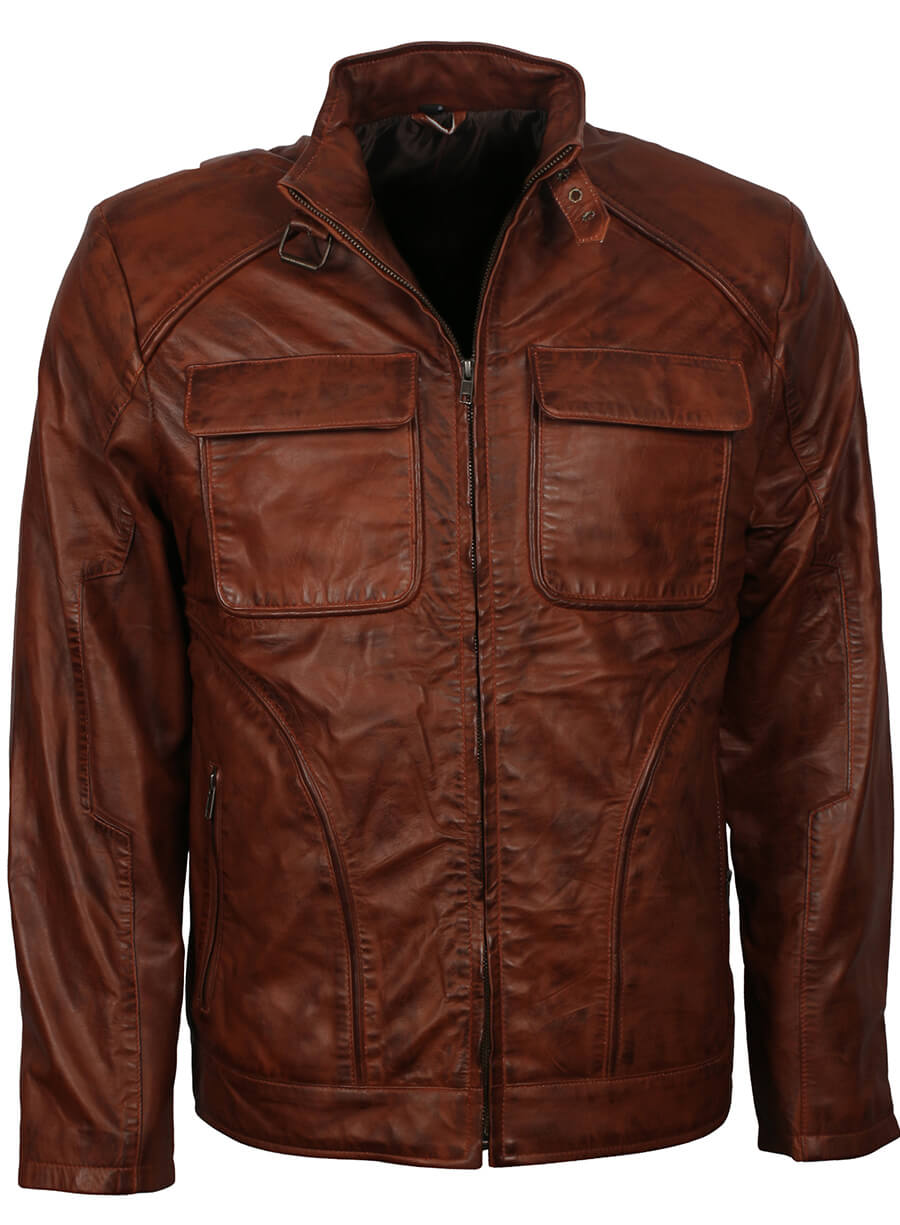 Men's Fashion Waxed Brown Leather Jacket