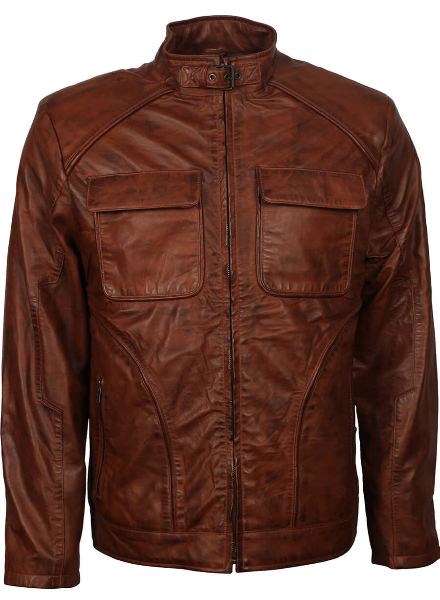Men's Fashion Waxed Brown Leather Jacket