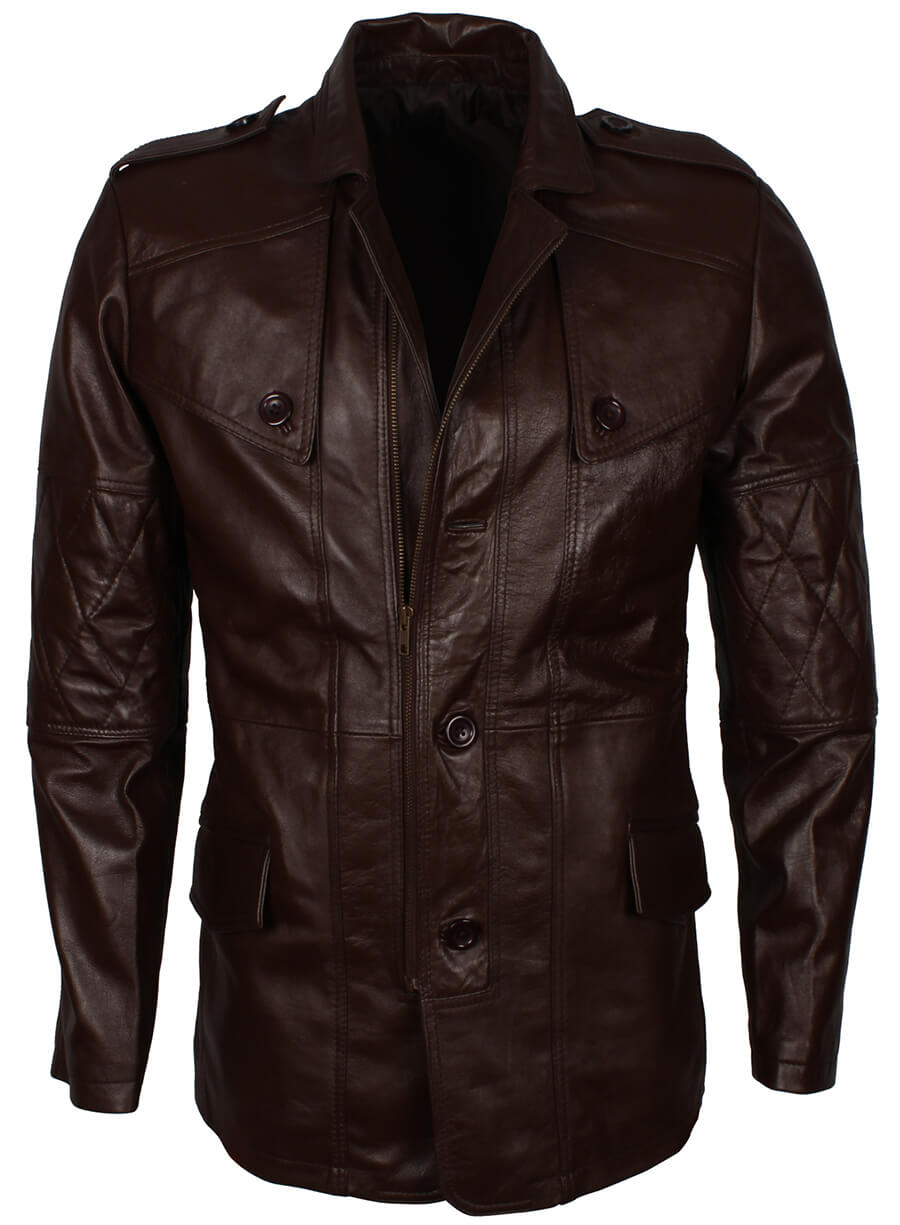 Men's Military Style Dark Brown Leather Coat