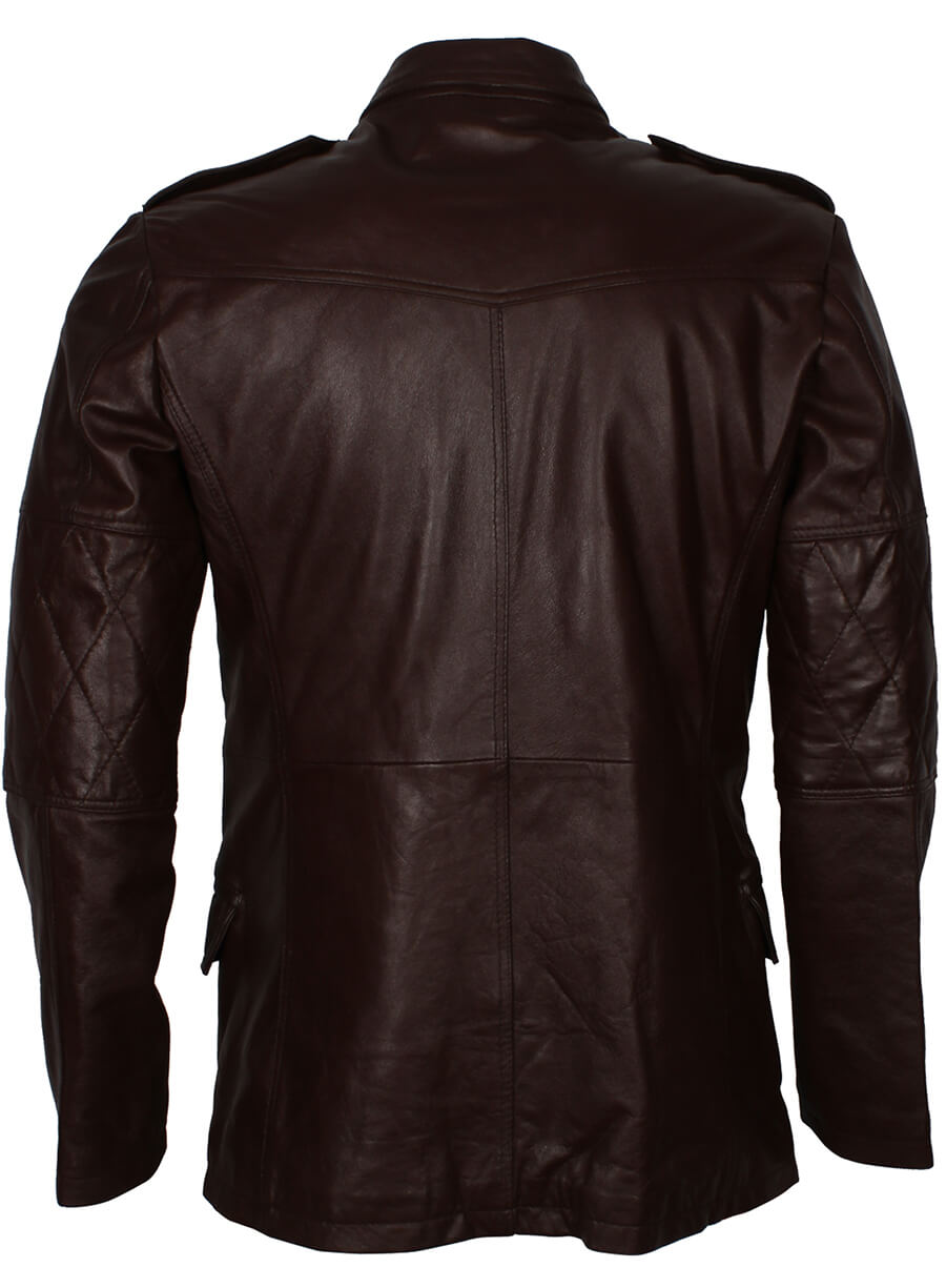 Men's Military Style Dark Brown Leather Coat