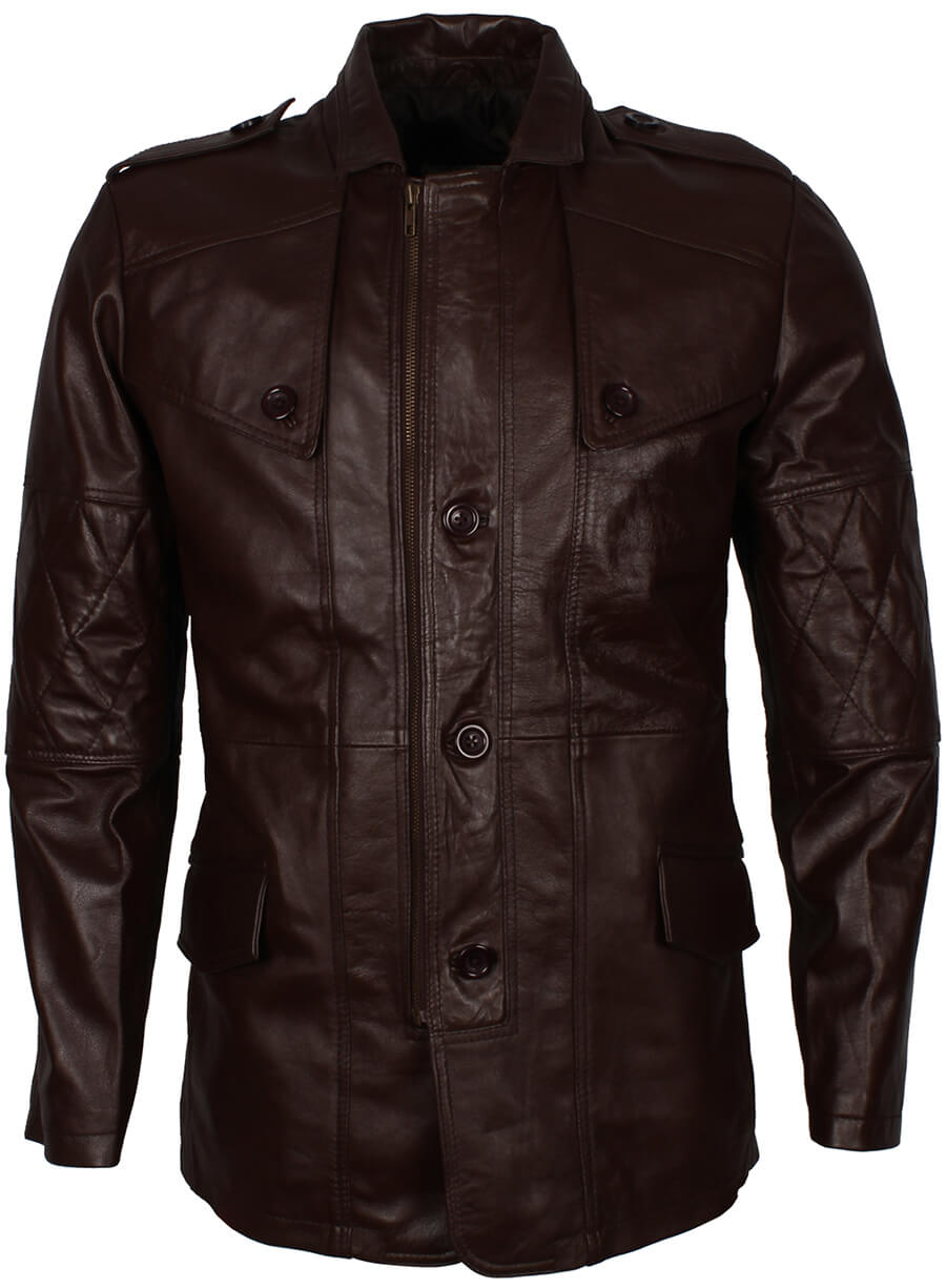Men's Military Style Dark Brown Leather Coat