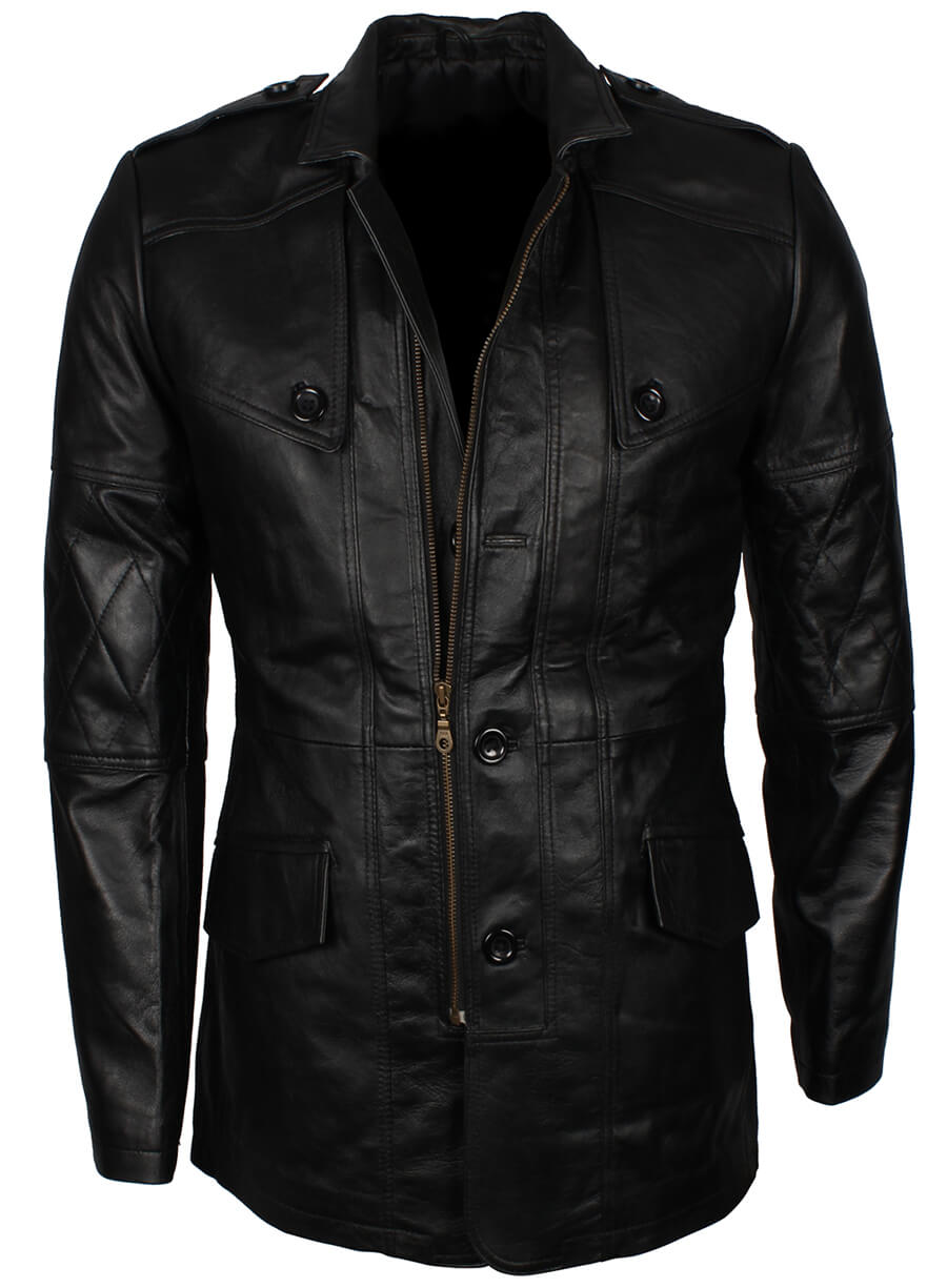 Military Style Black Leather WW2 Coat