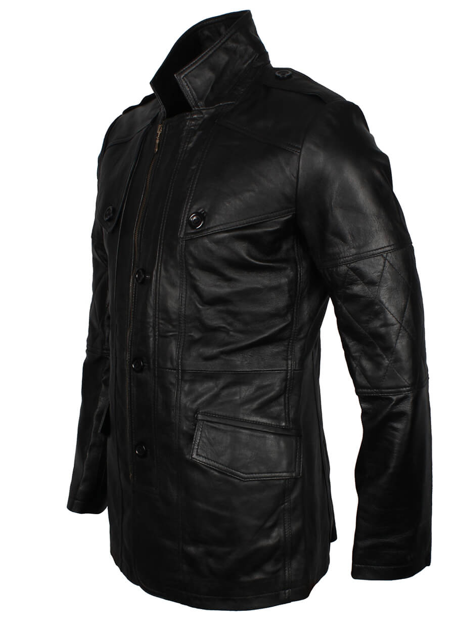Military Style Black Leather WW2 Coat