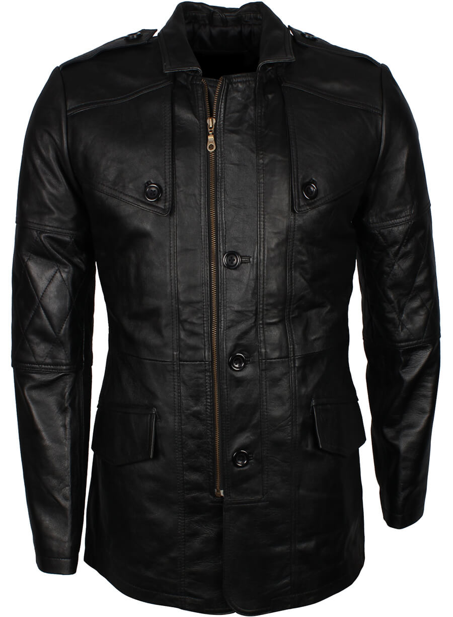Military Style Black Leather WW2 Coat