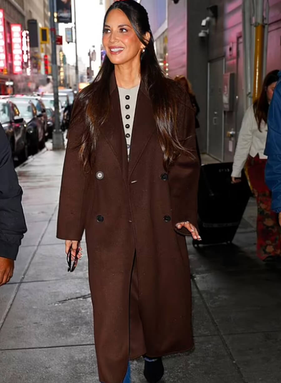 Olivia Munn GMA Studios Brown Trench Wool Coat