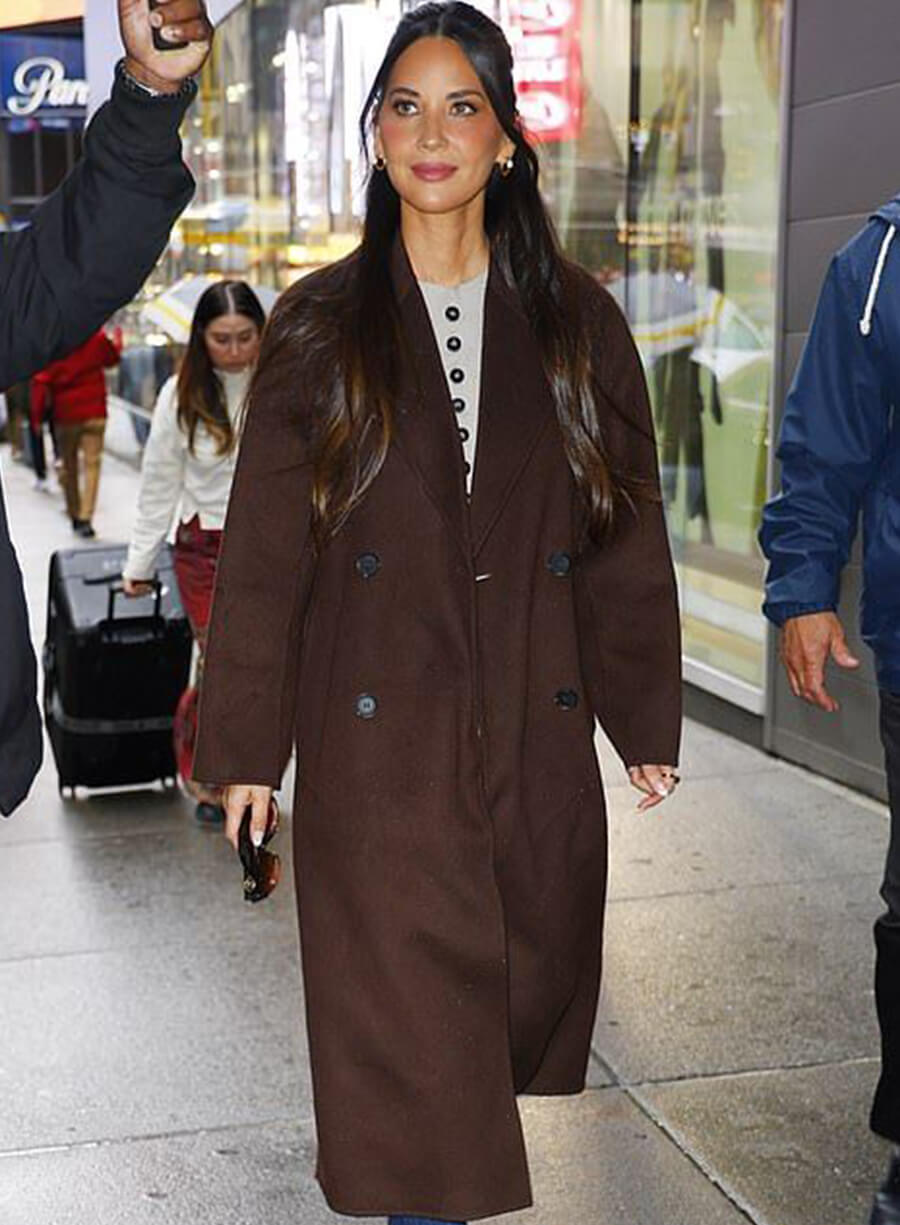 Olivia Munn GMA Studios Brown Trench Wool Coat