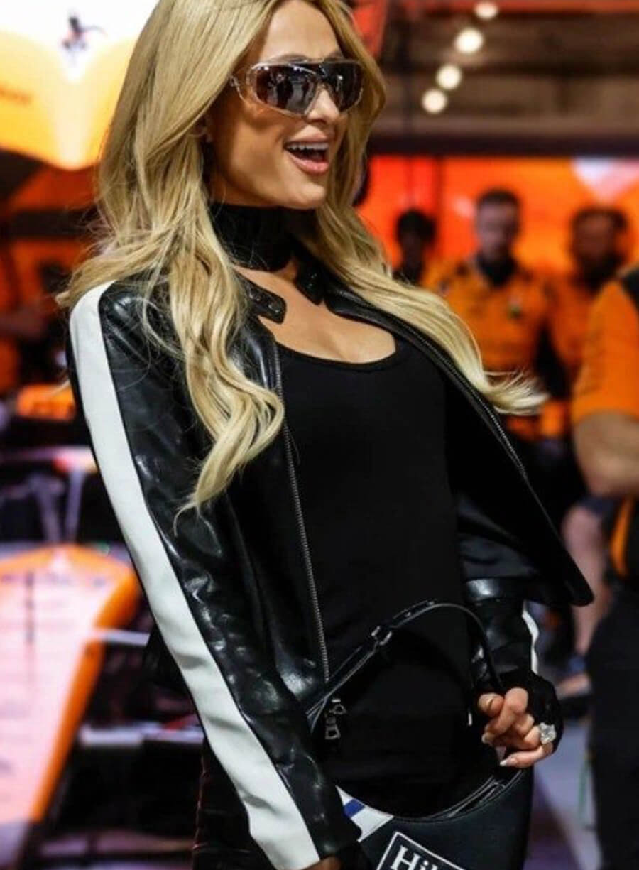 Paris Hilton Las Vegas GP 2024 Black Leather Jacket
