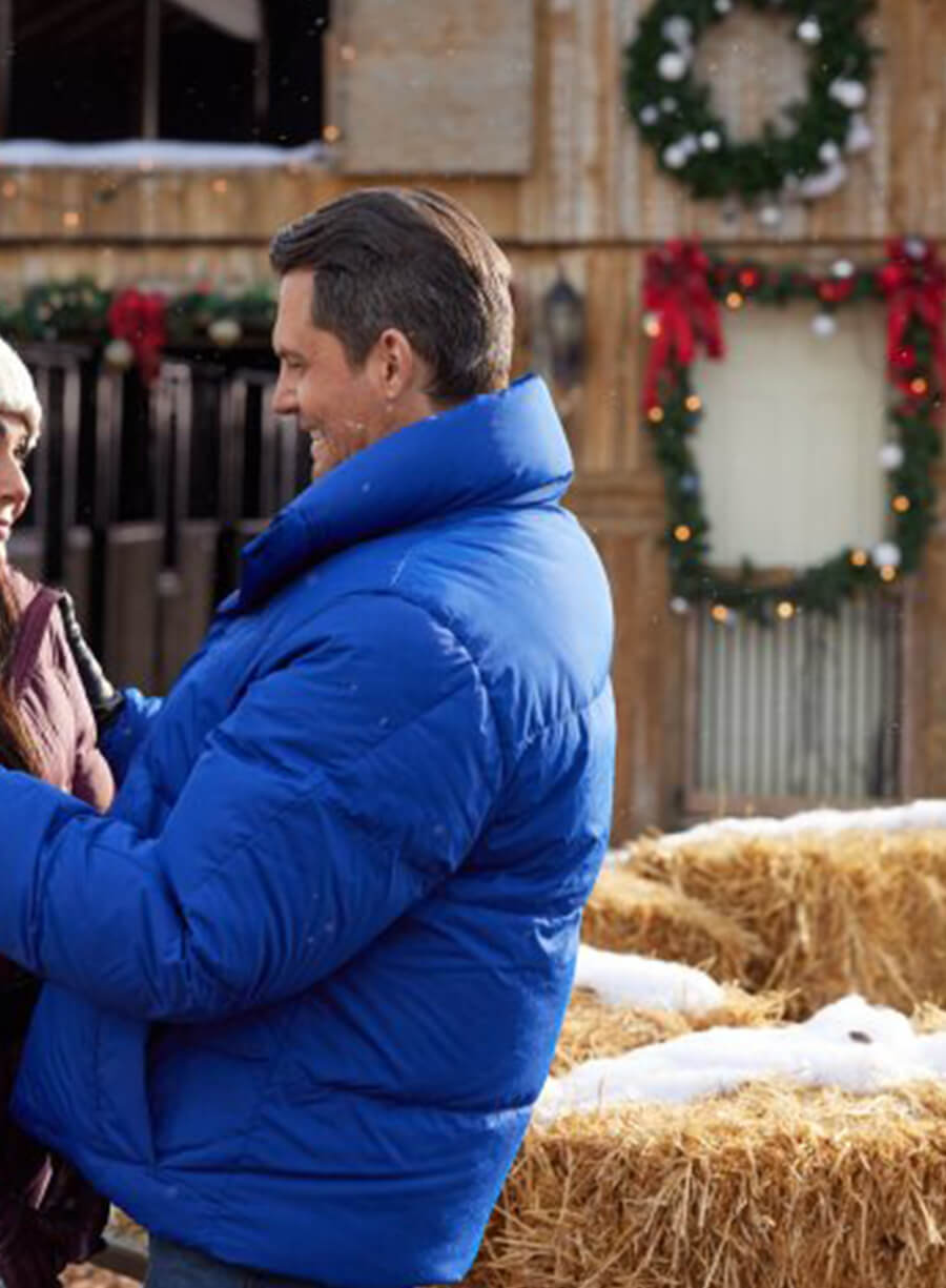 Robby We Wish You a Married Christmas Blue Puffer Jacket
