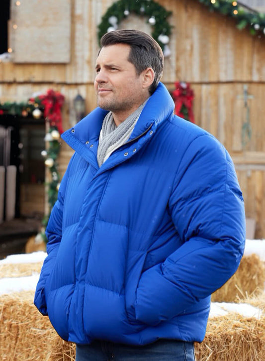 Robby We Wish You a Married Christmas Blue Puffer Jacket