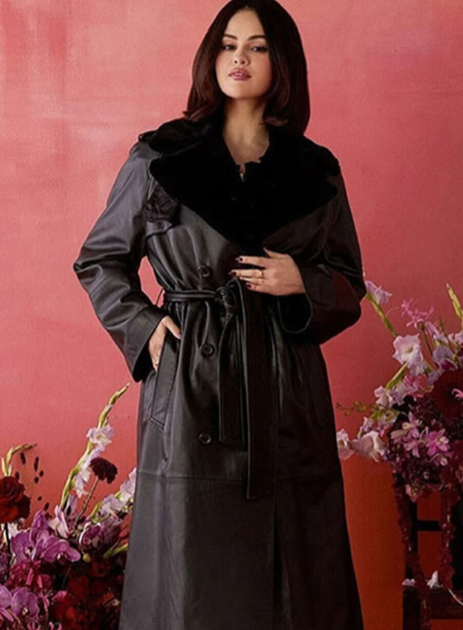 Selena Gomez Emilia Pérez 2024 Black Leather Trench Coat