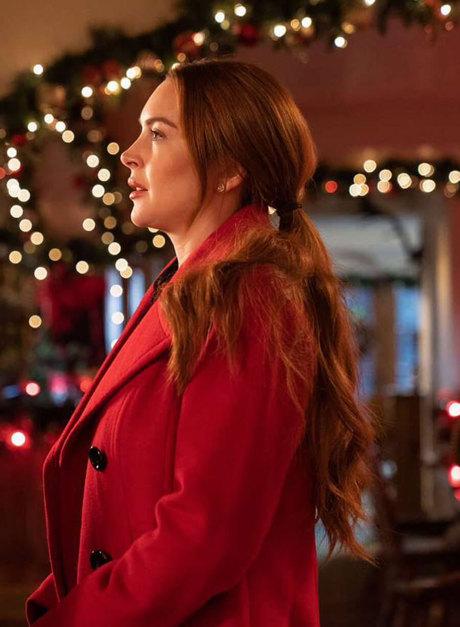 falling for christmas red dress Lindsay Lohan Wears Valentino Dress 'Falling for Christmas' Premiere