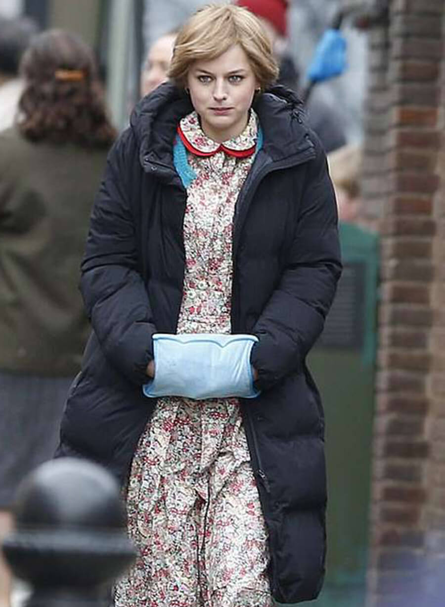 The Crown S04 Emma Corrin Black Puffer Coat