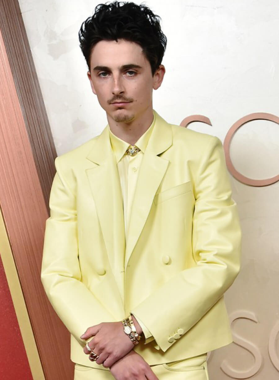 Timothée Chalamet Oscars Red Carpet 2025 Yellow Leather Blazer