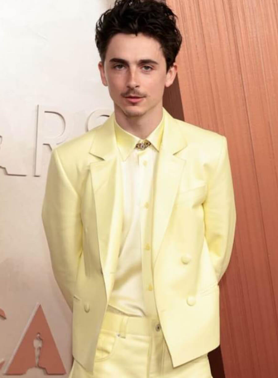 Timothée Chalamet Oscars Red Carpet 2025 Yellow Leather Blazer