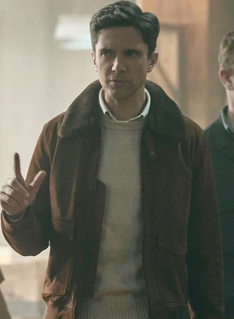 Topher Grace The Waterfront 2025 Shearling Brown Leather Jacket