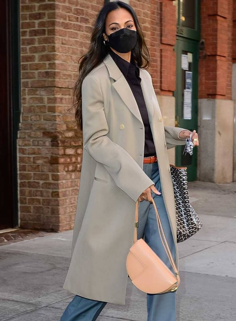 Zoe Saldana Grey Wool Coat