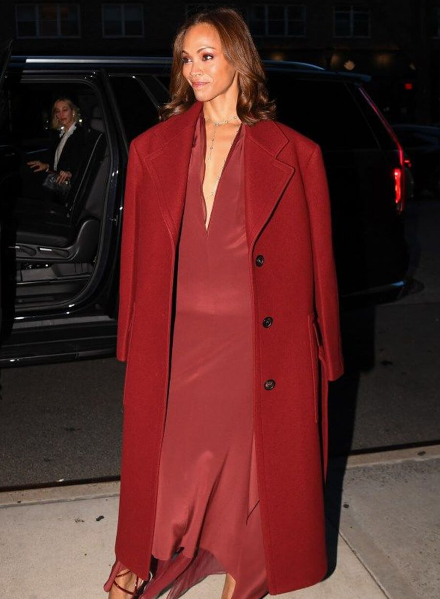 Zoe Saldana Red Wool Long Coat