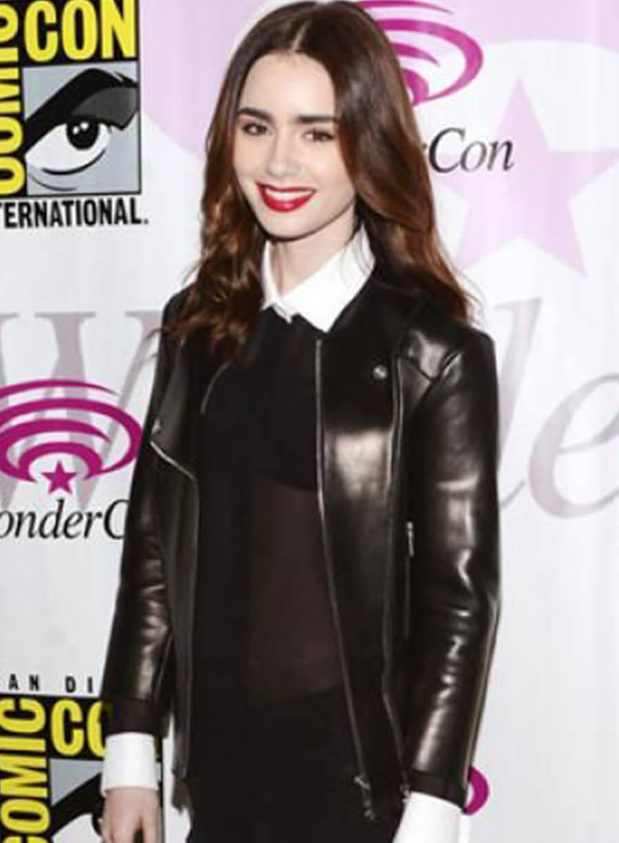 Lily Collins Black Leather BIker Jacket