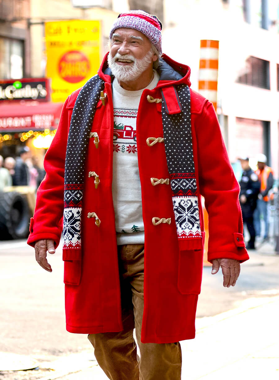 Arnold Schwarzenegger The Man with the Bag Red Santa Claus Coat – LeatherJacketMerchant