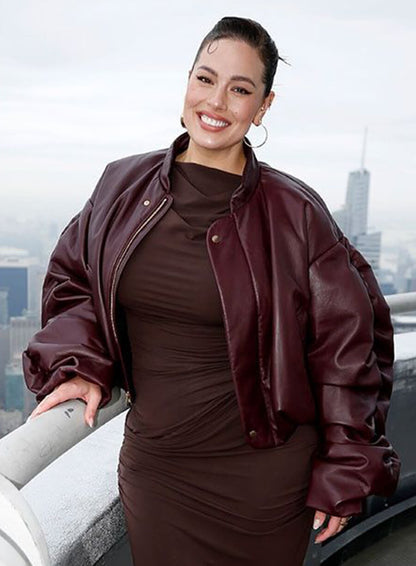 Ashley Graham Burgundy Leather Jacket