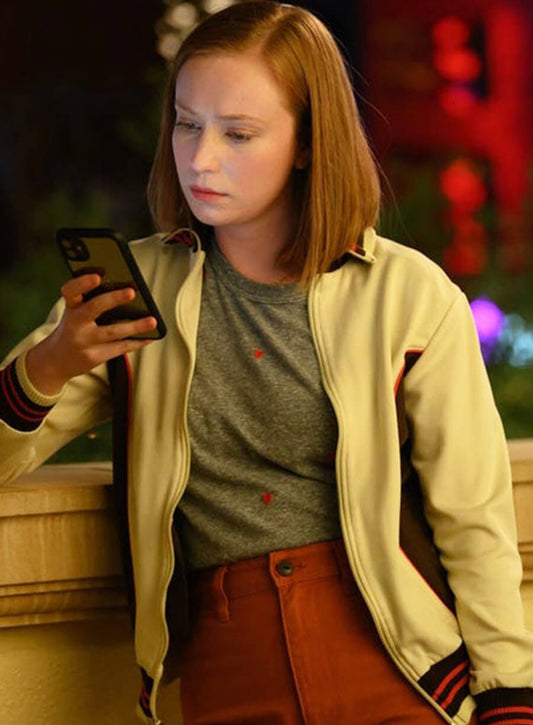 Ava Benton Hacks Season 02 Beige Bomber Jacket