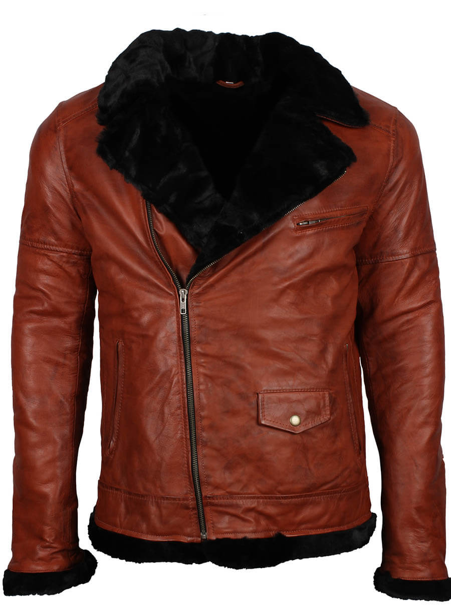 B3 Black Fur Brown Leather Jacket