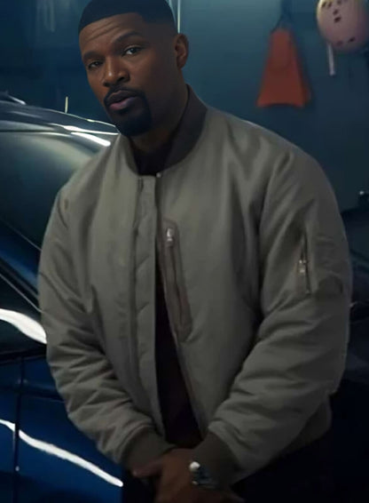 Back in Action 2025 Jamie Foxx Grey Bomber Jacket