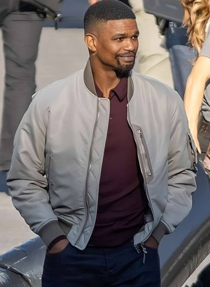 Back in Action 2025 Jamie Foxx Grey Bomber Jacket