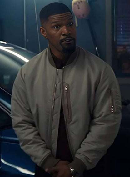 Back in Action 2025 Jamie Foxx Grey Bomber Jacket