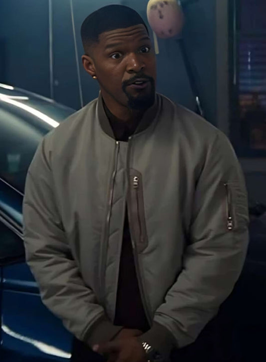 Back in Action 2025 Jamie Foxx Grey Bomber Jacket