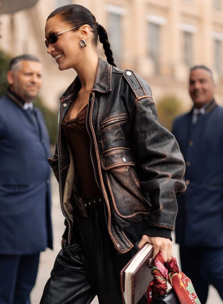Bella Hadid Black Vintage Leather Jacket