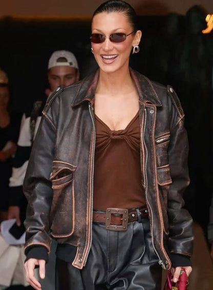 Bella Hadid Black Vintage Leather Jacket