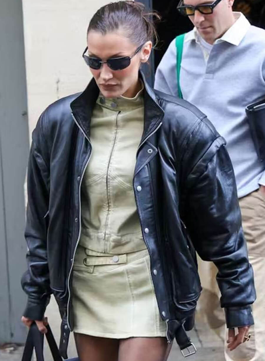 Bella Hadid PFW 2024 Black Leather Jacket