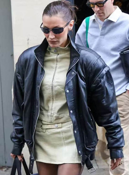 Bella Hadid PFW 2024 Black Leather Jacket