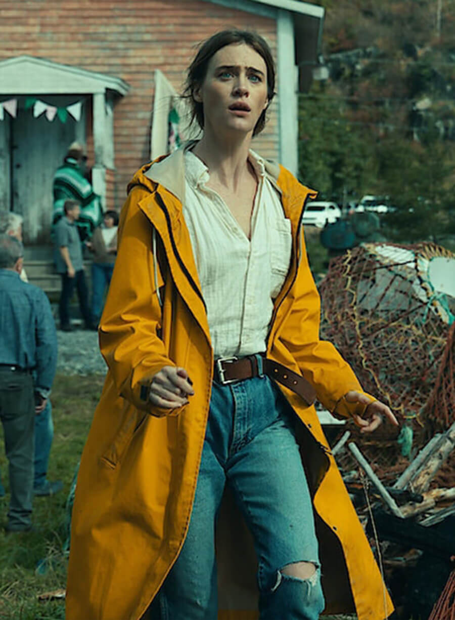 Below 2026 Mackenzie Davis Yellow Raincoat