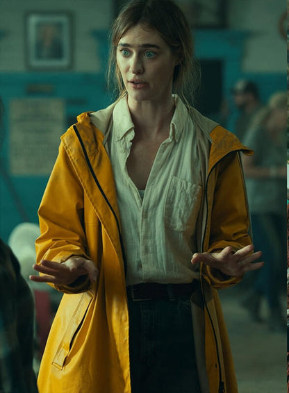 Below 2026 Mackenzie Davis Yellow Raincoat