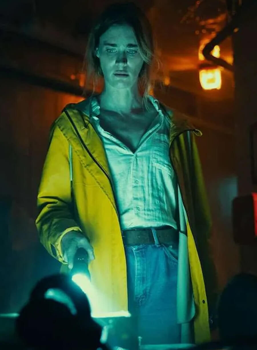 Below 2026 Mackenzie Davis Yellow Raincoat