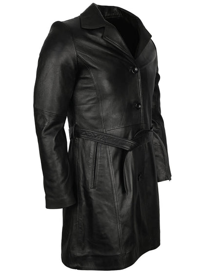  Black Leather Mens Trench Coat