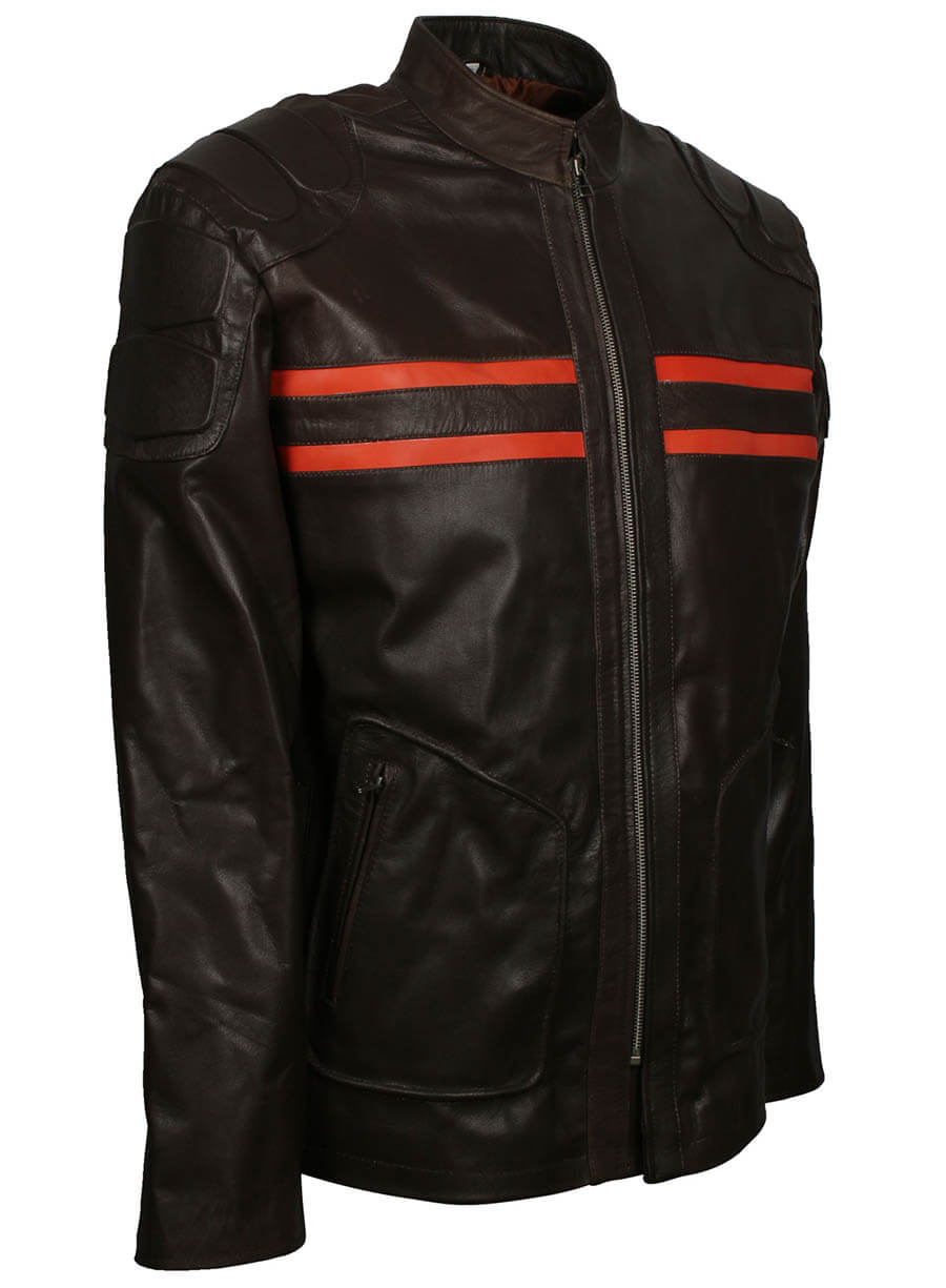 Black Men Leather Red Stripe Jacket