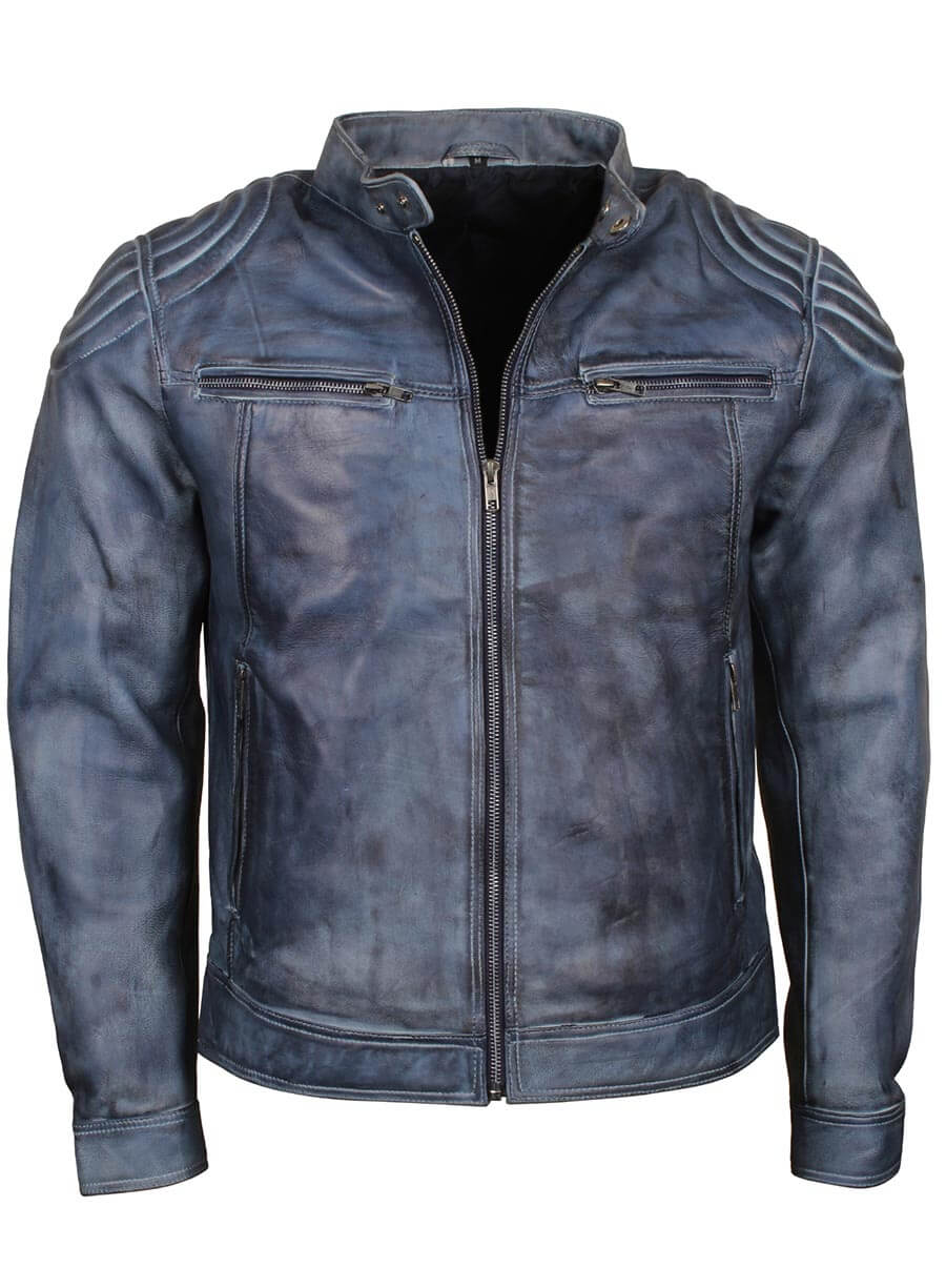 Blue Waxed Motorcycle Leather Jacket
