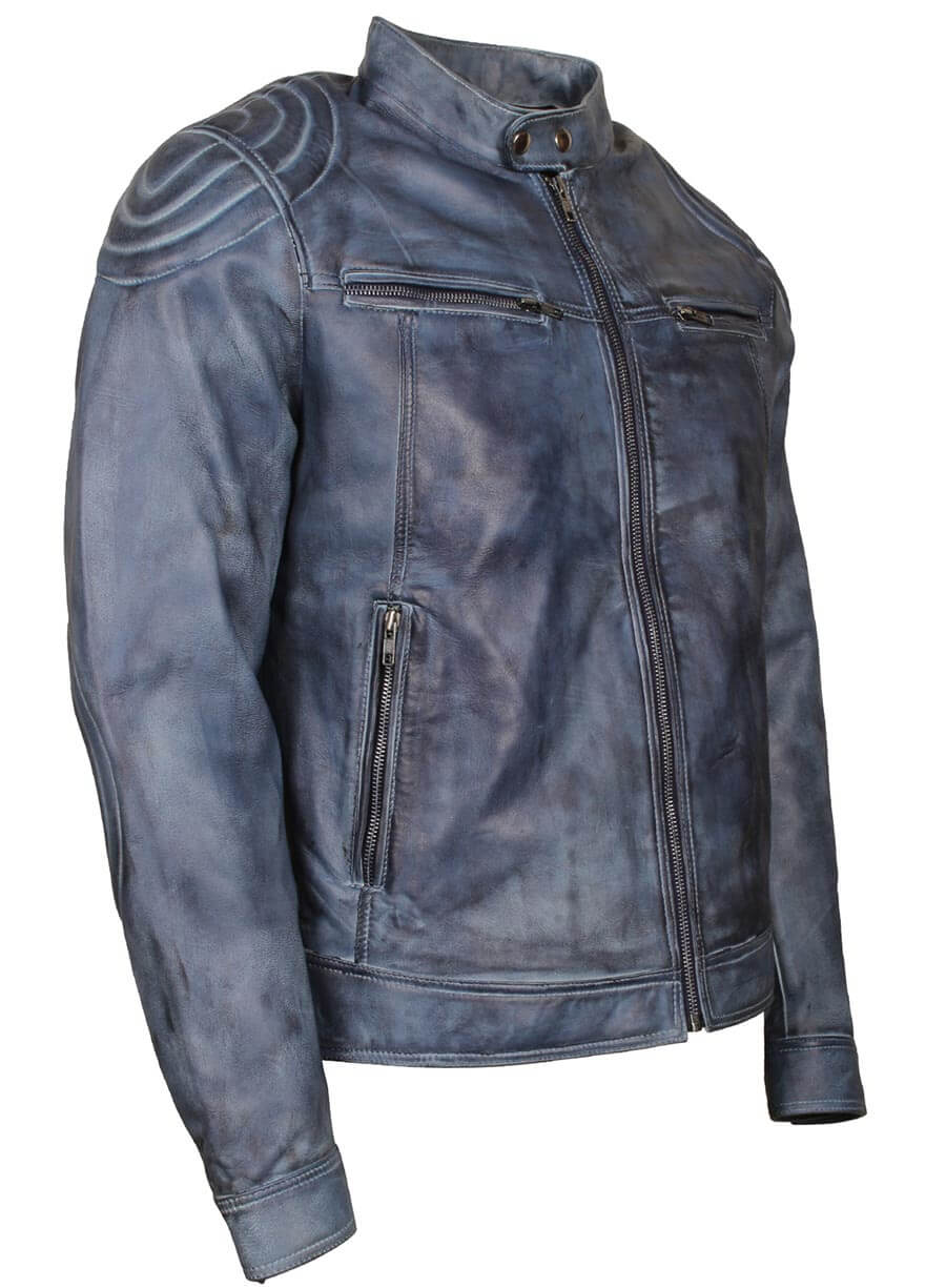 Blue Waxed Motorcycle Leather Jacket