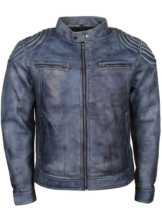 Blue Waxed Motorcycle Leather Jacket
