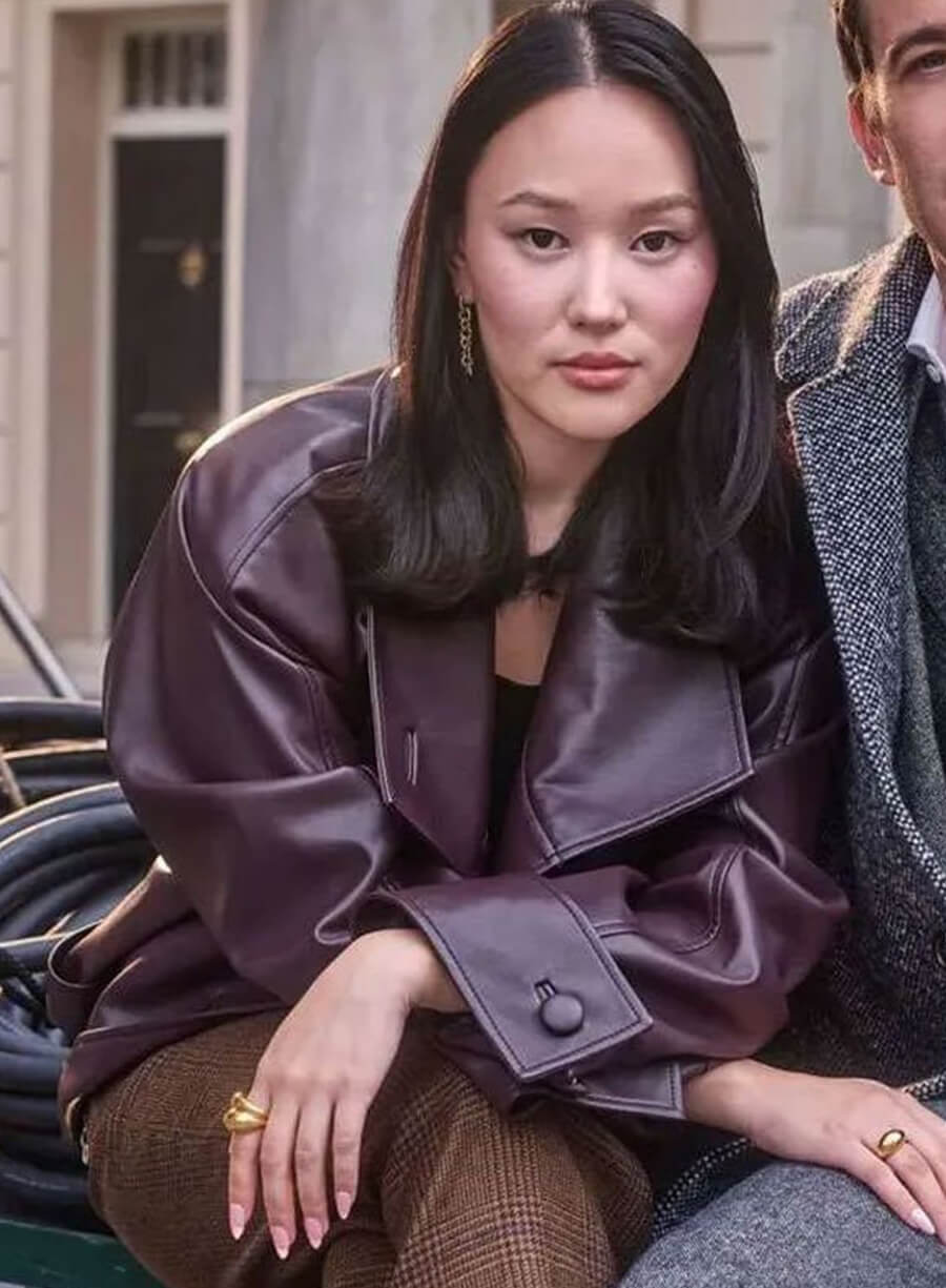 Bridgerton S04 Sophie Baek Burgundy Trench Coat