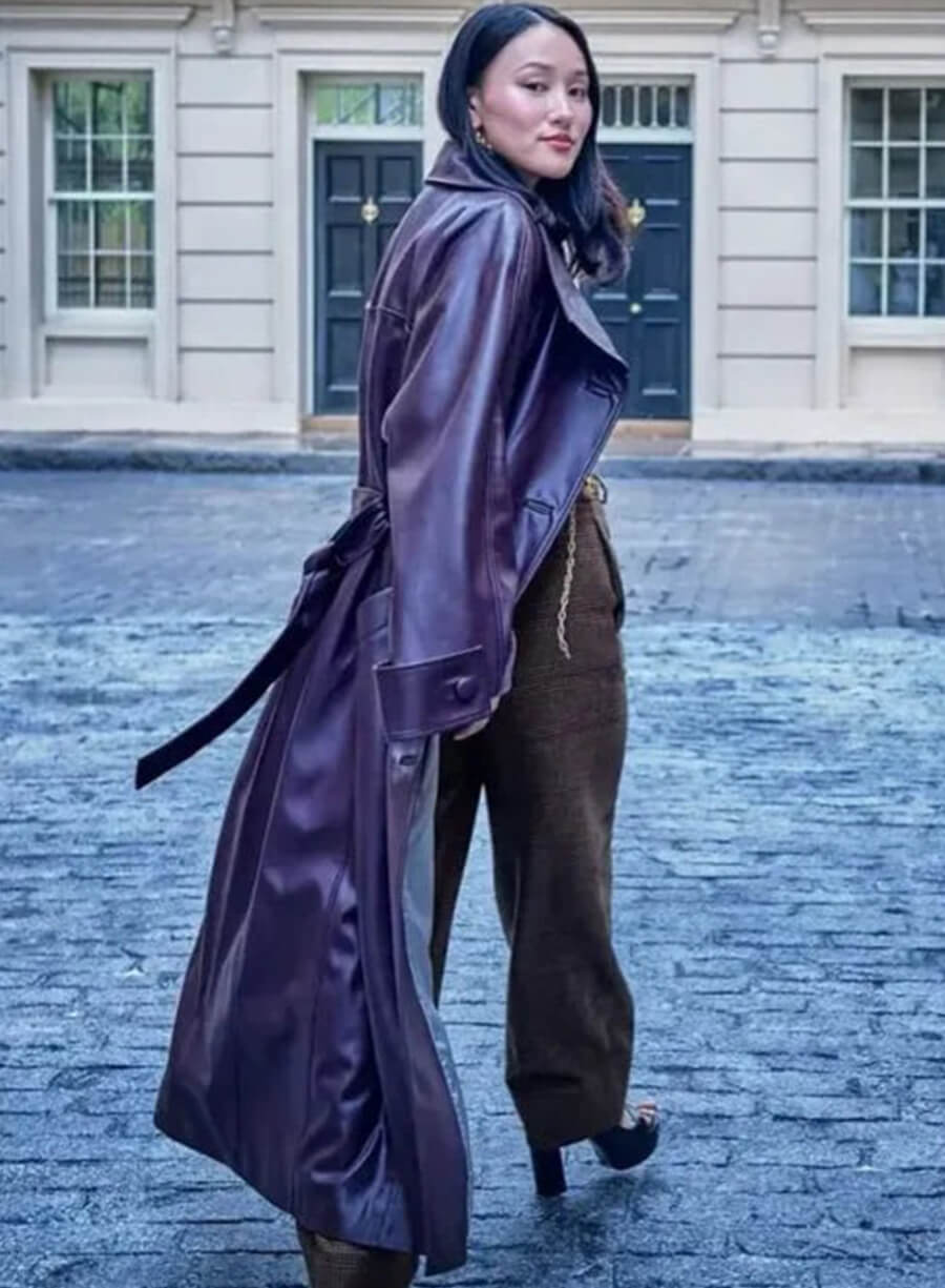 Bridgerton S04 Sophie Baek Burgundy Trench Coat