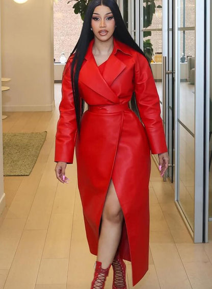 Cardi B Red Leather Trench Coat
